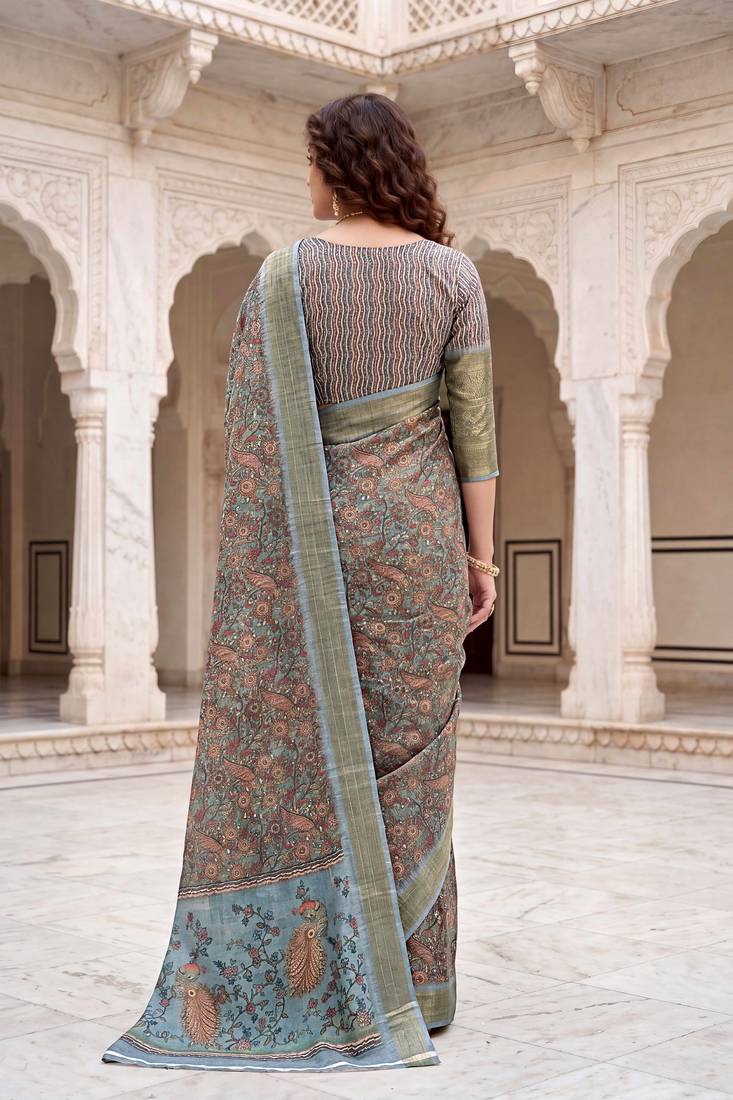 Sangam prints sky blue cotton blend woven work traditional saree