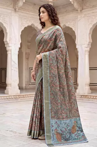 Sangam prints sky blue cotton blend woven work traditional saree