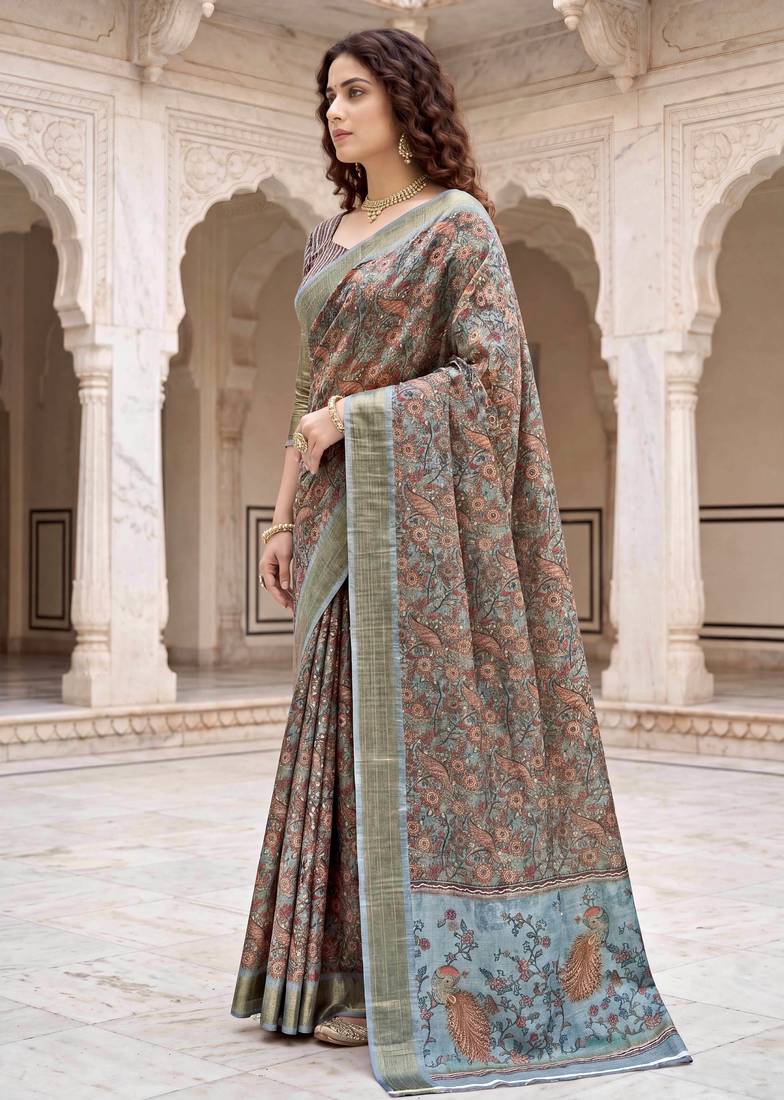 Sangam prints sky blue cotton blend woven work traditional saree