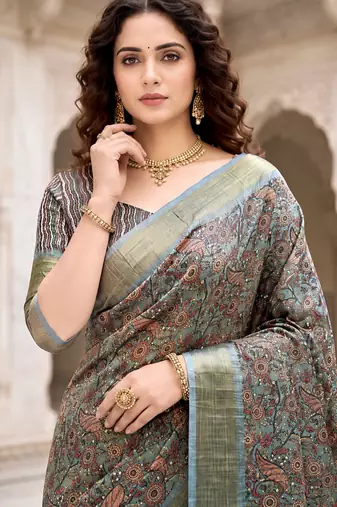 Sangam prints sky blue cotton blend woven work traditional saree