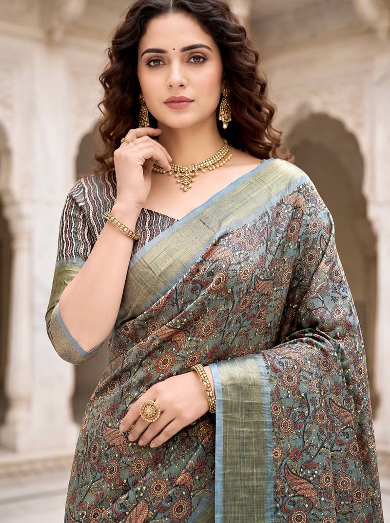 Sangam prints sky blue cotton blend woven work traditional saree