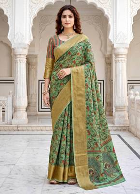 Sangam prints olive cotton blend woven work traditional saree 1