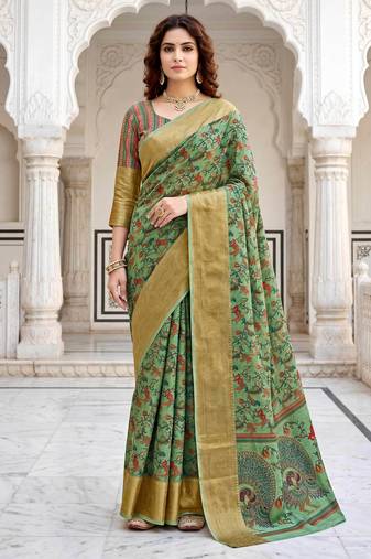 Sangam prints olive cotton blend woven work traditional saree