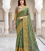 Sangam prints olive cotton blend woven work traditional saree