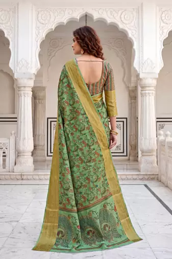 Sangam prints olive cotton blend woven work traditional saree