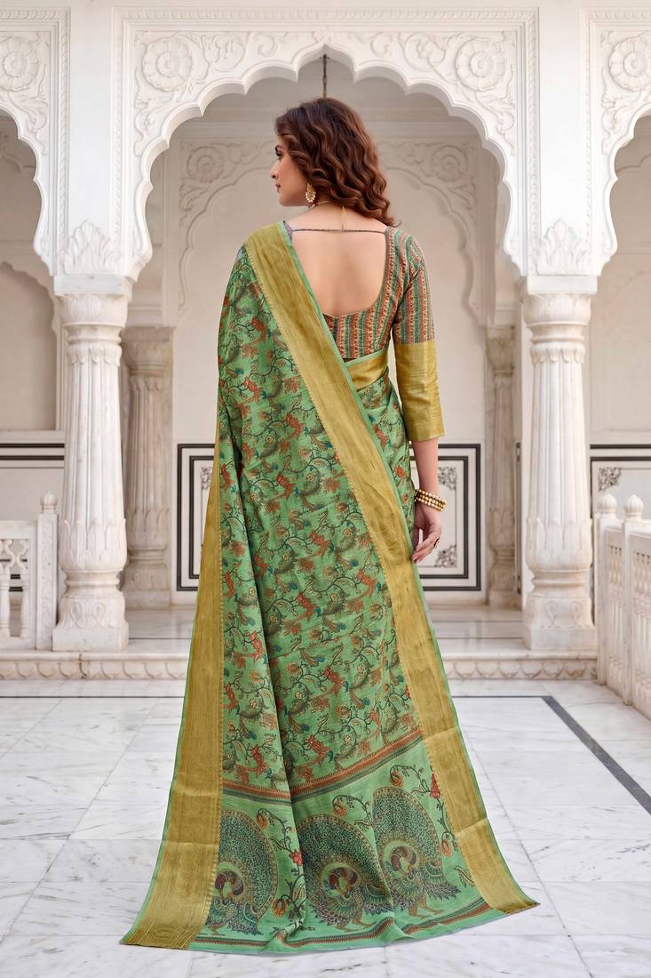Sangam prints olive cotton blend woven work traditional saree