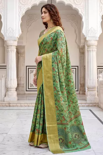 Sangam prints olive cotton blend woven work traditional saree