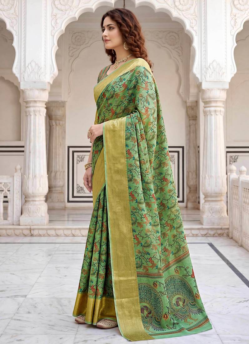 Sangam prints olive cotton blend woven work traditional saree