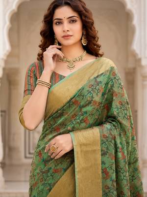 Sangam prints olive cotton blend woven work traditional saree 4
