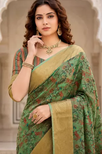Sangam prints olive cotton blend woven work traditional saree