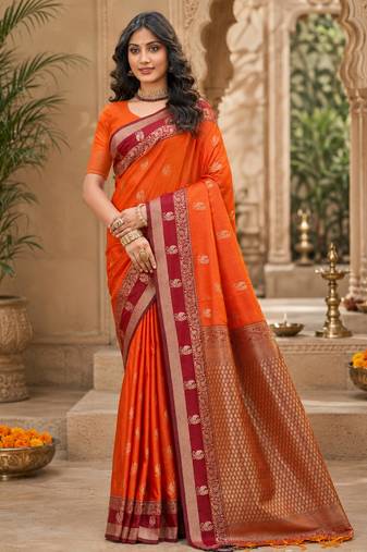 sangam prints orange soft silk blend woven work traditional saree
