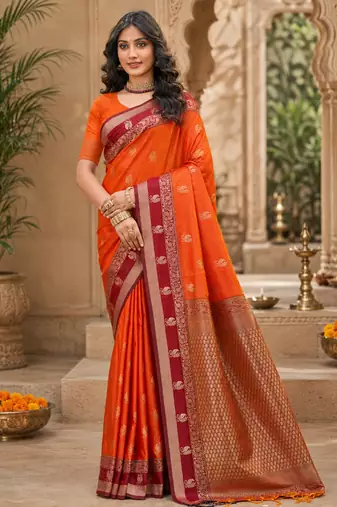 sangam prints orange soft silk blend woven work traditional saree