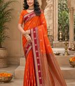 sangam prints orange soft silk blend woven work traditional saree