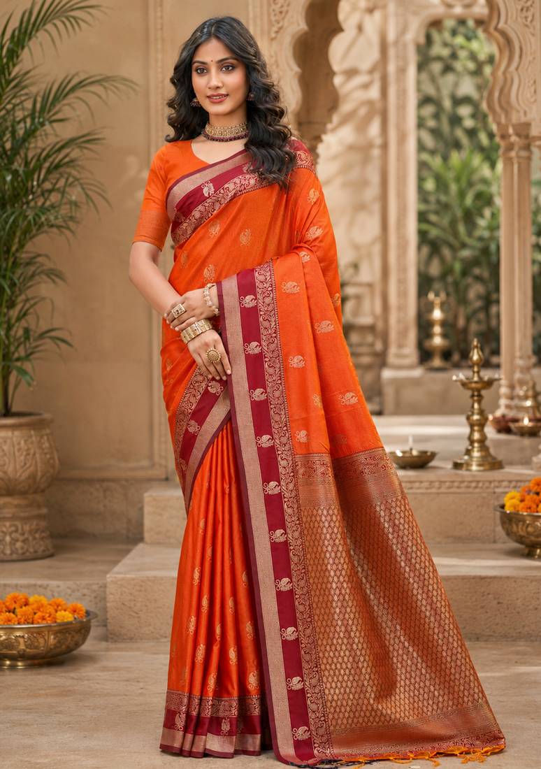sangam prints orange soft silk blend woven work traditional saree