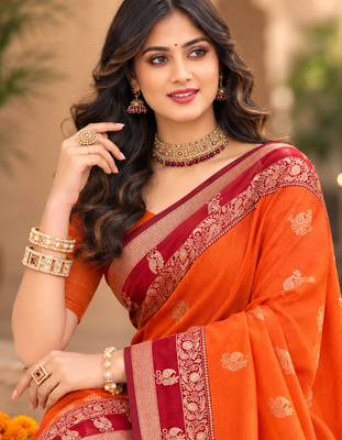 sangam prints orange soft silk blend woven work traditional saree 2