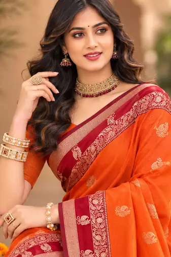sangam prints orange soft silk blend woven work traditional saree