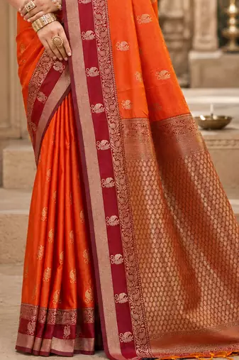 sangam prints orange soft silk blend woven work traditional saree