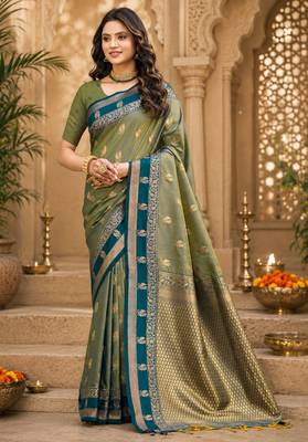 sangam prints sage green soft silk blend woven work traditional saree 1