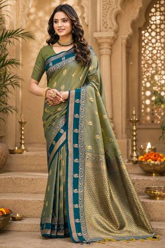 sangam prints sage green soft silk blend woven work traditional saree