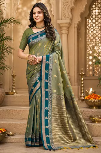sangam prints sage green soft silk blend woven work traditional saree