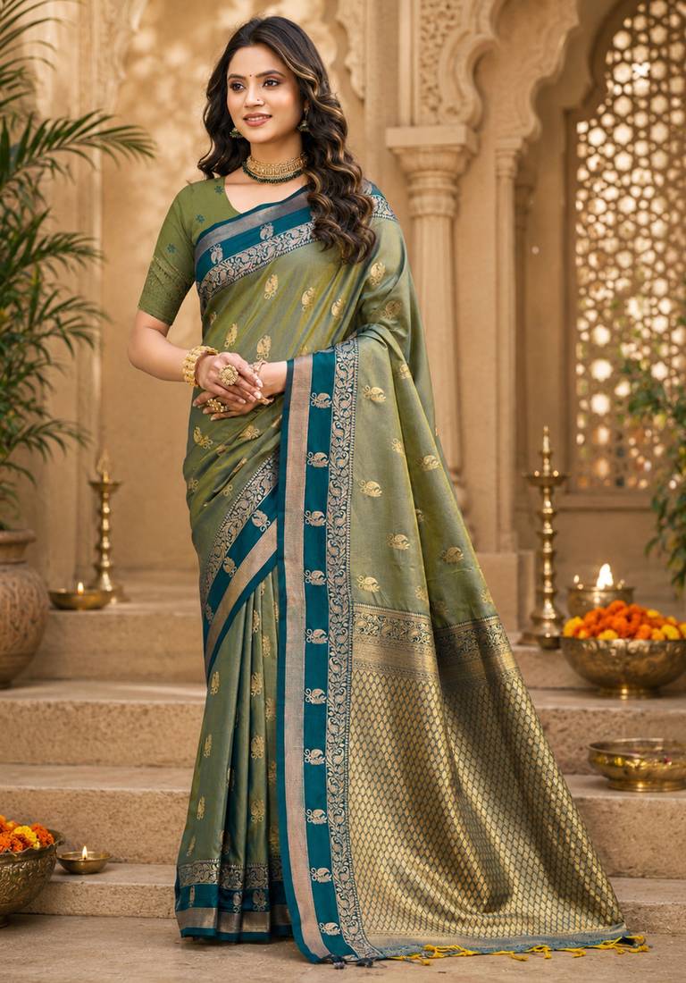 sangam prints sage green soft silk blend woven work traditional saree