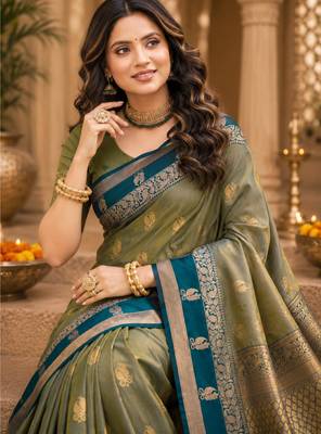 sangam prints sage green soft silk blend woven work traditional saree 2