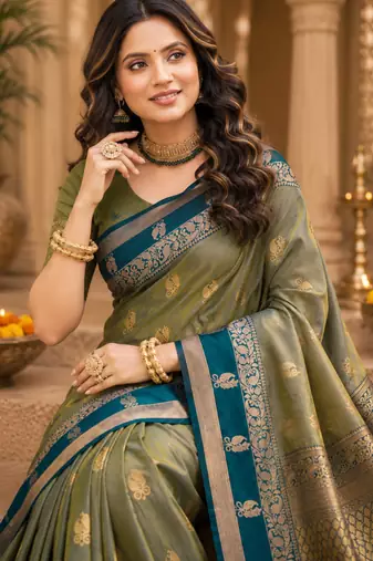sangam prints sage green soft silk blend woven work traditional saree