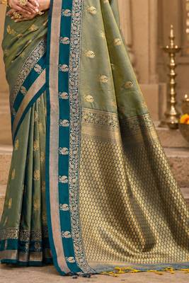 sangam prints sage green soft silk blend woven work traditional saree 3