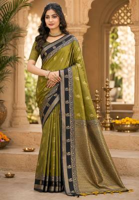 sangam prints olive green soft silk blend woven work traditional saree 1