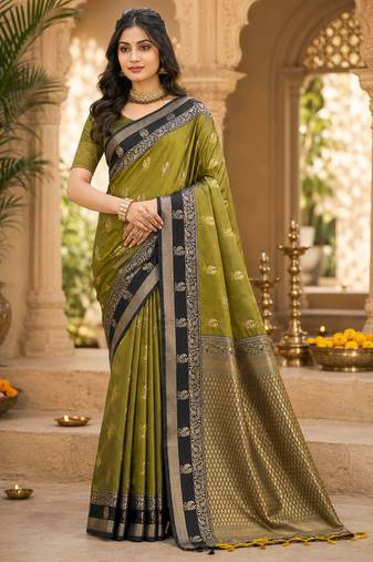sangam prints olive green soft silk blend woven work traditional saree