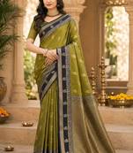 sangam prints olive green soft silk blend woven work traditional saree