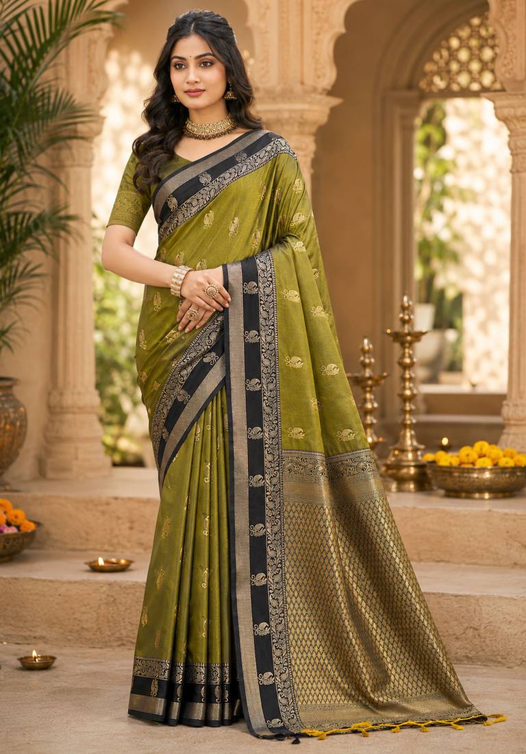 sangam prints olive green soft silk blend woven work traditional saree