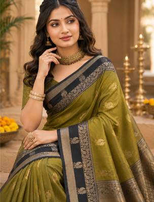 sangam prints olive green soft silk blend woven work traditional saree 2
