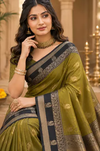 sangam prints olive green soft silk blend woven work traditional saree