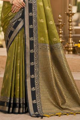 sangam prints olive green soft silk blend woven work traditional saree 3