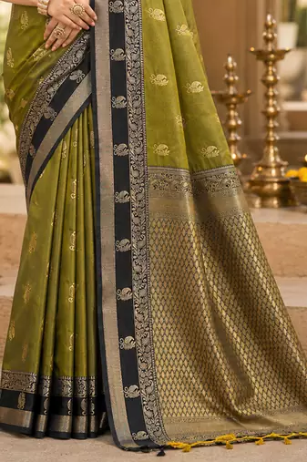 sangam prints olive green soft silk blend woven work traditional saree
