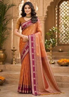 sangam prints dusty copper soft silk blend woven work traditional saree 1
