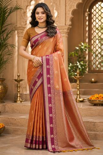 sangam prints dusty copper soft silk blend woven work traditional saree