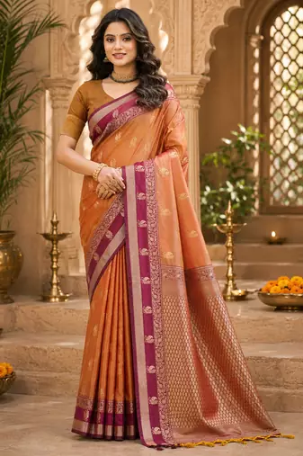 sangam prints dusty copper soft silk blend woven work traditional saree