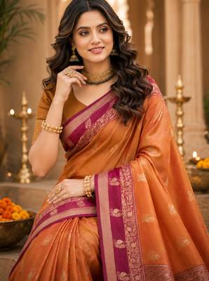 sangam prints dusty copper soft silk blend woven work traditional saree 2