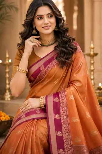 sangam prints dusty copper soft silk blend woven work traditional saree