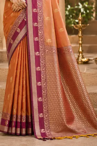 sangam prints dusty copper soft silk blend woven work traditional saree