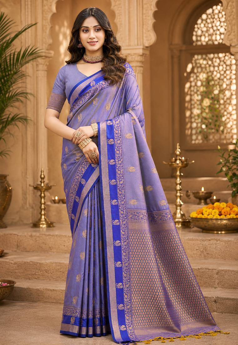 sangam prints periwinkle blue soft silk blend woven work traditional saree