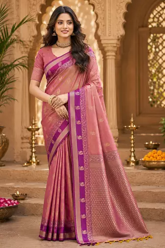 sangam prints dusty rose pink soft silk blend woven work traditional saree