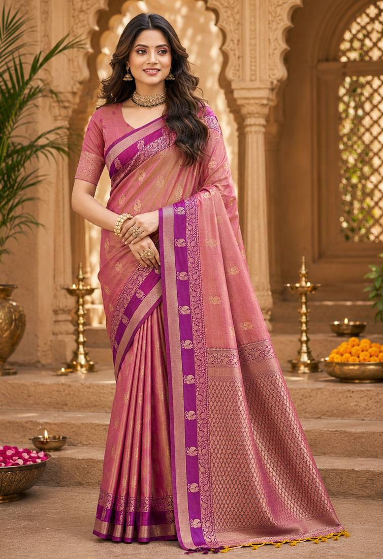 sangam prints dusty rose pink soft silk blend woven work traditional saree