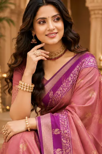 sangam prints dusty rose pink soft silk blend woven work traditional saree