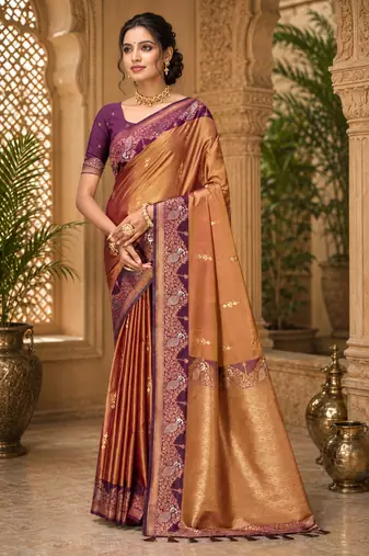 sangam prints golden mustard soft silk blend woven work traditional saree