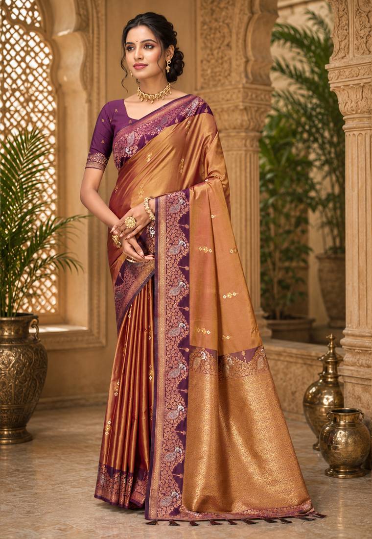 sangam prints golden mustard soft silk blend woven work traditional saree