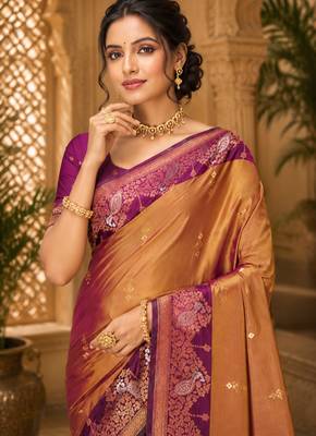 sangam prints golden mustard soft silk blend woven work traditional saree 2