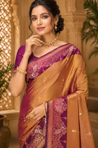 sangam prints golden mustard soft silk blend woven work traditional saree